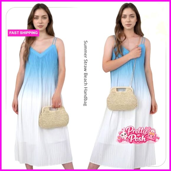 Paper Rope Straw Dumpling Clutch Bag with Detachable Chain
